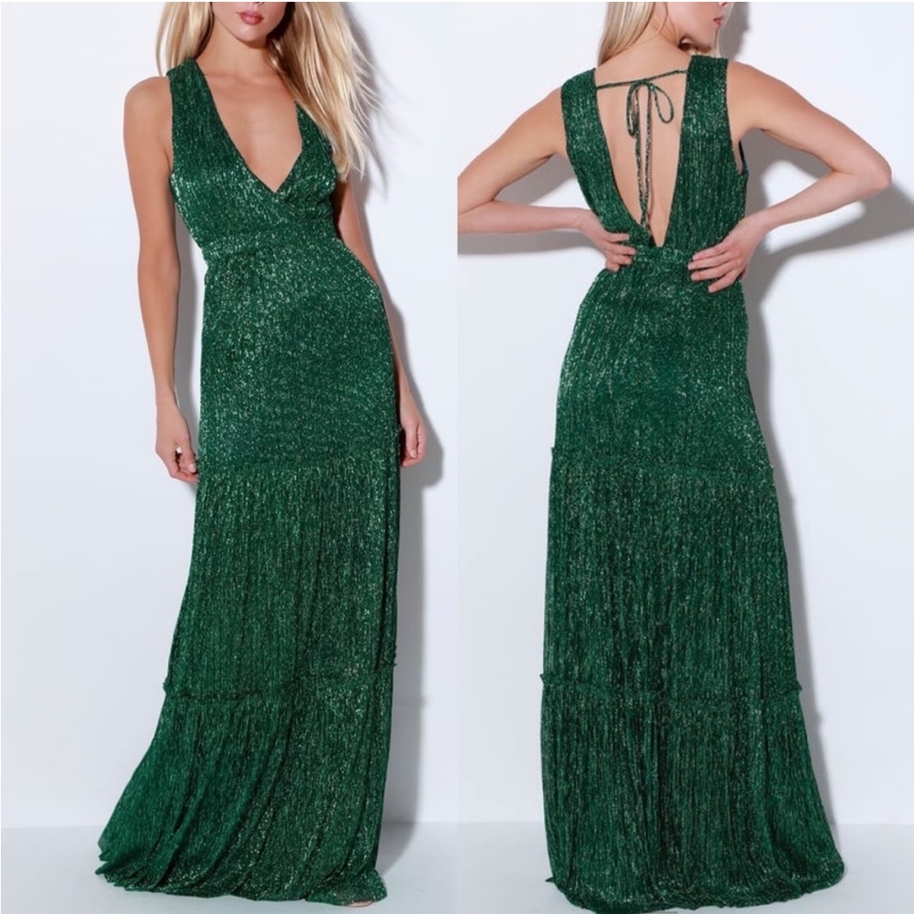 Lulu’s Falling Star Teal Green Shimmer Sleeveless Maxi Dress Sz XS